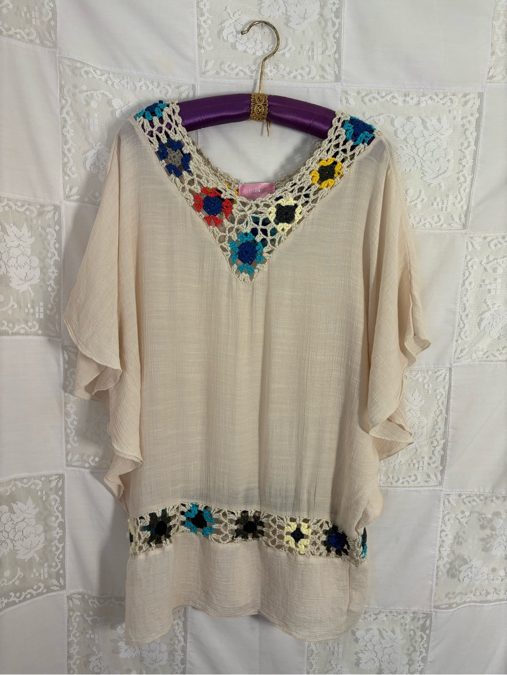 Cream‎ Floral Crochet Western Cottage Boho Short Sleeve Beach Cover/Blouse